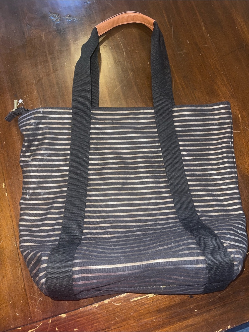 Striped Black Canvas Tote Bag with Leather Handle